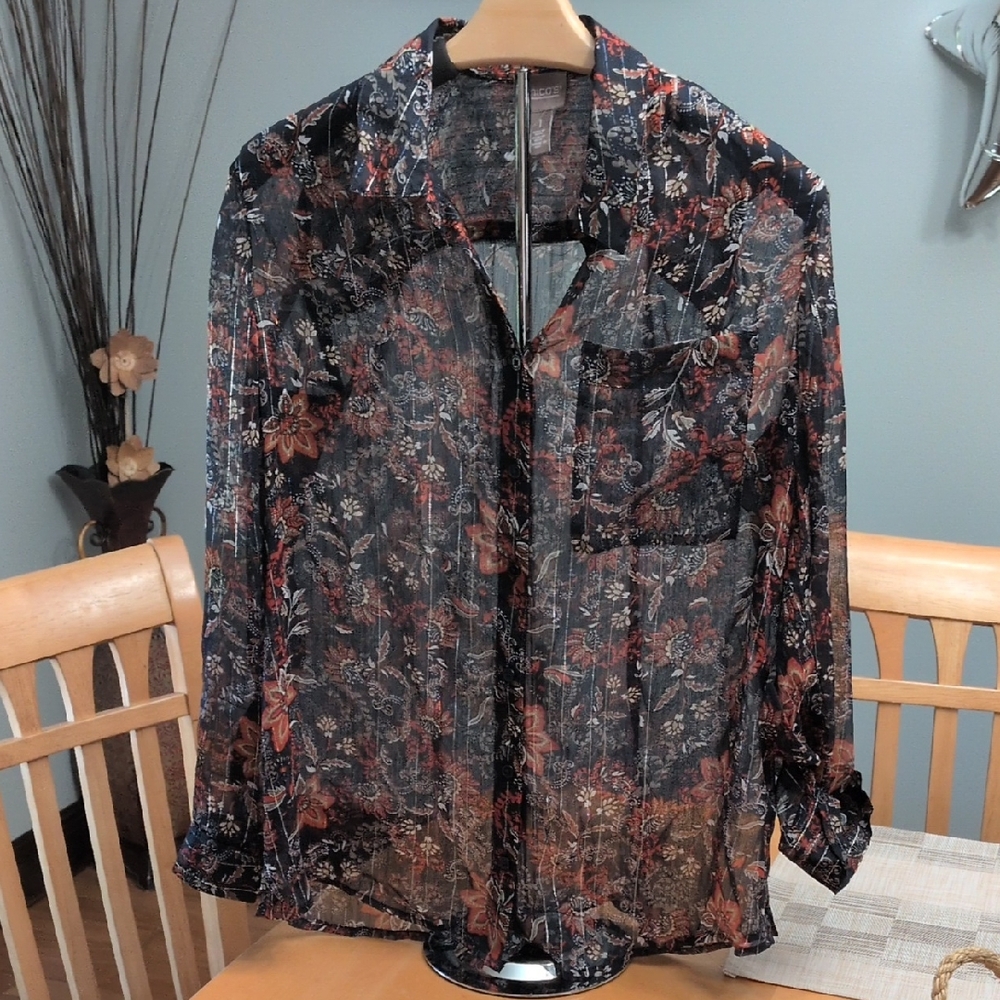 Chico's Sheer Floral Shirt- Blue and Red